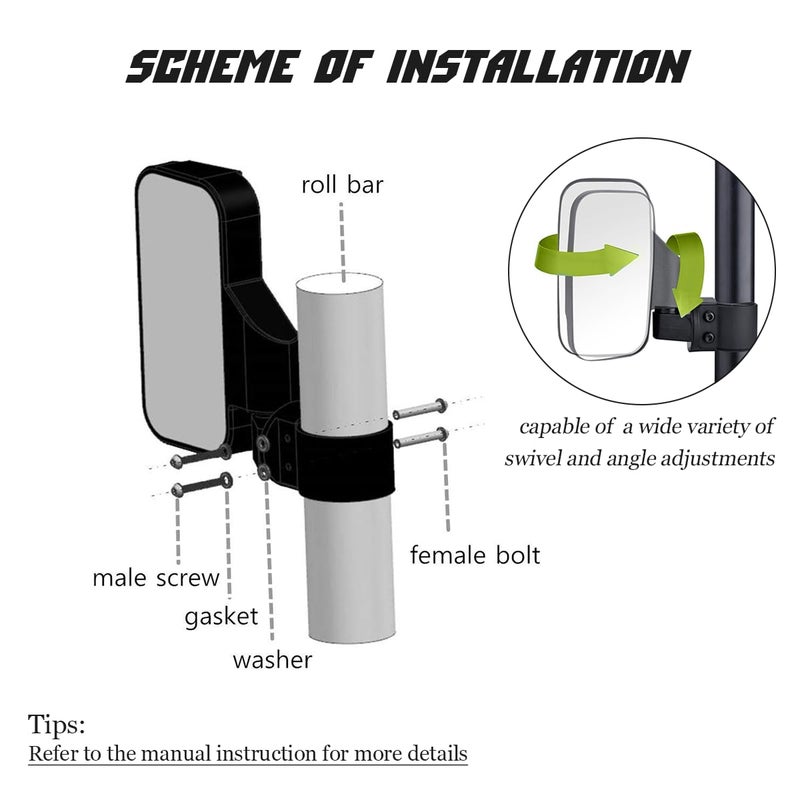 Angooni UTV Side View Mirrors for 1.75" and 2" Roll Bar Cage(2 Pack), Adjustable Wide Rear Clear View Mule Mirrors for Polaris RZR, Can-Am, Kawasaki, Kubota, Yamaha, Maver - Image 4